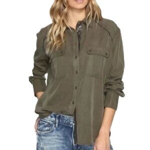 Free People Off Campus Shirt Moss Olive Metallic, utility boho army button down